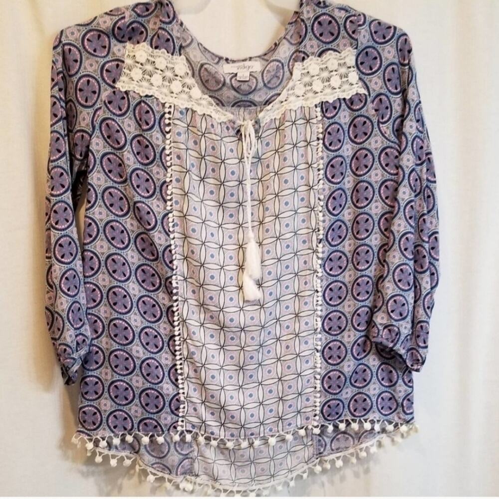 INDIGO purple geometric boho peasant blouse size small
